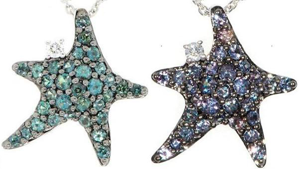 Unique Starfish Jewelry Real Genuine Alexandrite Pave & Diamond Pendant in 18 kt White Gold