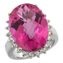 10k White Gold Diamond Halo Natural Pink Topaz Ring Large Oval