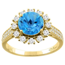 14K Gold Natural Swiss Blue Topaz Ring Round 8 mm Diamond Accents