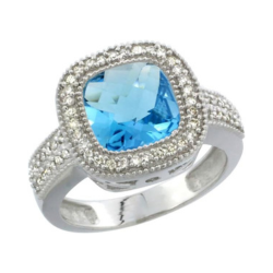 10K White Gold Natural Swiss Blue Topaz Ring Cushion-Cut