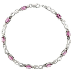 10k White Gold Double Loop Tennis Bracelet 0.05 ct Diamonds & 2.25 ct Oval Pink Topaz