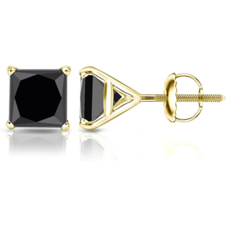 18k Yellow Gold Men's Princess-Cut Black Diamond Stud Earrings