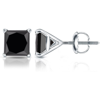 18k White Gold Men's Princess-Cut Black Diamond Stud Earrings