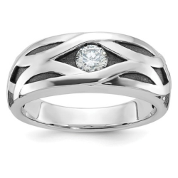 14k White Gold With Black Rhodium Mens Polished Satin and Grooved Diamond Ring