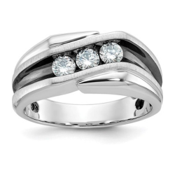 9.27mm 14k White Gold With Black Rhodium Mens Polished Satin and Grooved 3 Stone Ring