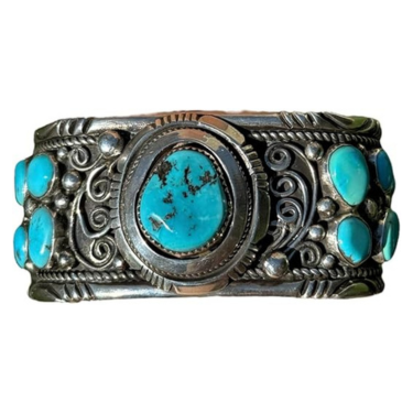 Mens Native American Navajo Sterling Silver Blue Turquoise Cuff Bracelet