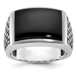 14k White Gold With Black Rhodium Mens Polished and Textured Simulated Onyx Ring