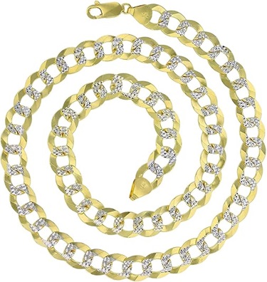 14K Two Tone Solid Gold 2mm-17mm Cuban White Pave Mens Diamond Cut Necklace