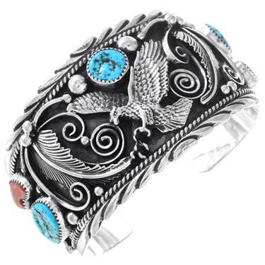 Navajo Eagle Turquoise Coral Mens Cuff Big Boy Sterling Bracelet