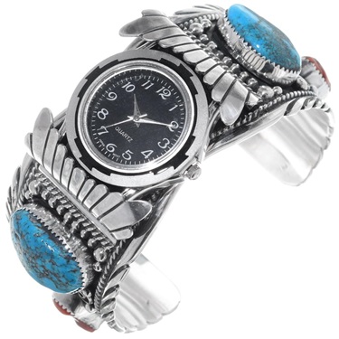 Navajo Ithaca Peak Coral Turquoise Silver Mens Watch Cuff Sterling Mens Design