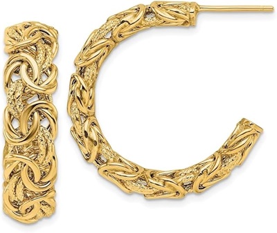 18K Yellow Gold Polished and Textured Byzantine J-Hoop Earrings