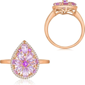 10K Rose Gold Round Diamonds And Pear Shape Rose de France Amethyst Ring