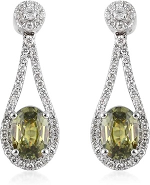 Demantoid Garnet White Diamond Oval 18K White Chunky Solid Real Gold Jewelry Dangle Drop Earrings