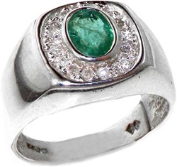 18k White Gold Natural Emerald and Diamond Mens Signet Ring