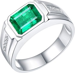 14K White Gold Mens Emerald Ring, Wedding and Engagement Rings