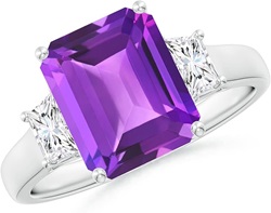 Natural Three Stone Emerald-Cut Amethyst and Diamond Ring