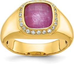 14K Solid Yellow Gold Mens Red Ruby Stone Diamond Ring