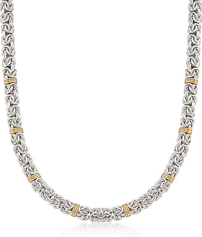 Sterling Silver and 14kt Yellow Gold Byzantine Station Necklace