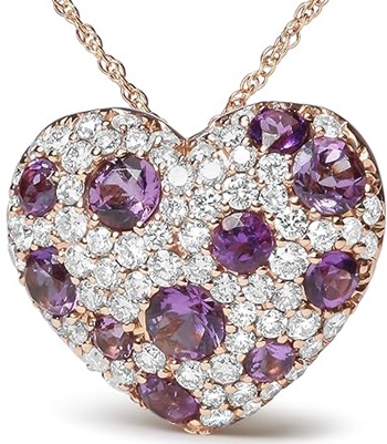 18K Rose Gold Diamond and Purple Amethyst Cluster Heart Shape 18 Inch Pendant Necklace