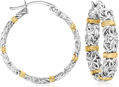 Byzantine Station Hoop Earrings in Sterling Silver With 14kt Yellow Gold