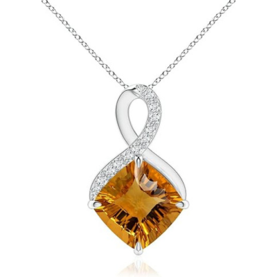 Natural Claw-Set GIA Certified 12 ct Citrine Infinity Pendant with Diamonds in 14K Solid Gold or Platinum for Women