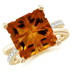 Natural GIA Certified Square 7.69 ct Citrine Crossover Shank Ring with Diamonds in 14K Solid Gold or Platinum