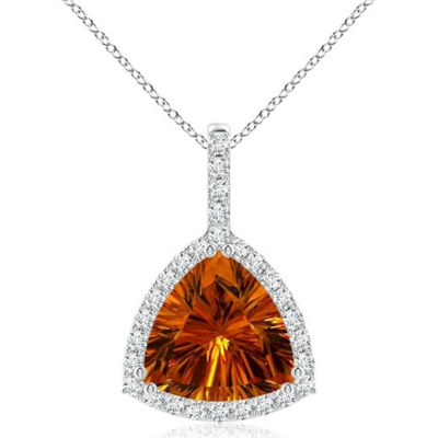 Natural Classic GIA Certified Trillion Concave-Cut 8.32 ct Citrine Halo Pendant in 14K Solid Gold or Platinum