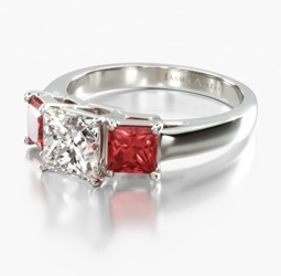 GIA 1.68 Carat J-SI2 Princess Cut Diamond Three Stone Princess Shaped Ruby Engagement Ring