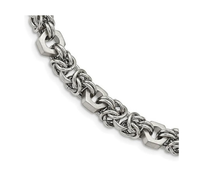 10mm Stainless Steel Fancy Byzantine Chain Necklace, 24 Inch