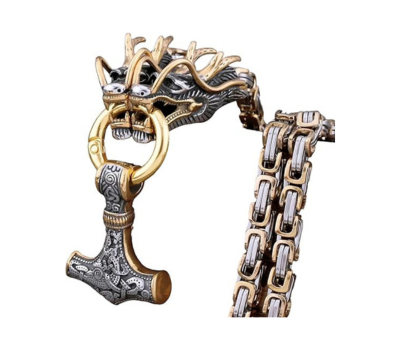 Mens Dragon Byzantine Chain Silver Gold 316L Stainless Steel Viking Hammer Pendant