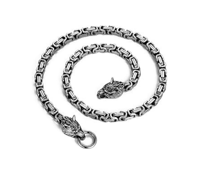 Heavy Stainless Steel Double Wolf Heads Byzantine Chain Necklace For Men Punk Style