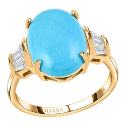 Sleeping Beauty Turquoise White Diamond Solid 18K Yellow Gold Ring for Women