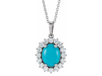 Platinum Oval Shape Turquoise and Diamond Halo-Style Necklace Jewelry for Women