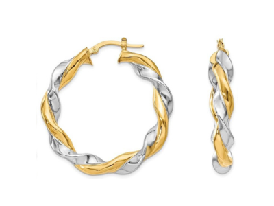 14k Yellow Gold and Rhodium Plated Twisted Hoop Earrings