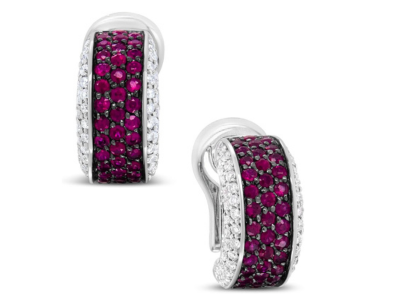 18K White Gold Black Rhodium Plated Round Diamonds and Round Red Ruby Huggie Hoop Earrings