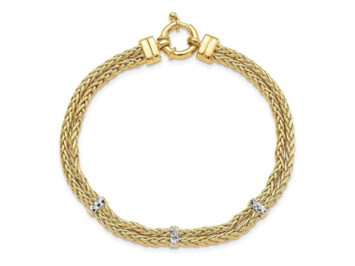 14k Yellow Gold Rhodium Plated Polished Double Wheat Chain Bracelet