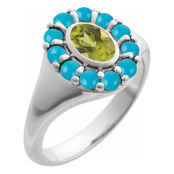 Platinum Natural Peridot and Natural Turquoise Halo-Style Ring