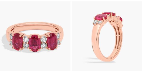 Diamond And Ruby 3 Stone Ring in 14k Rose Gold