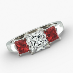 14K White Gold Princess Shaped Ruby 3 Stone Engagement Ring