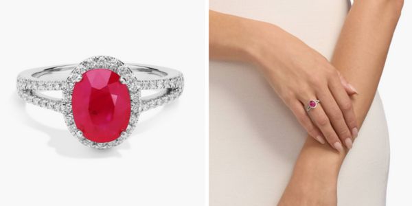 Oval Ruby and Diamond Halo Split Shank Ring in 14k White Gold