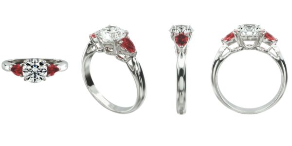 14K White Gold Three Stone Pear Shaped Ruby Engagement Ring