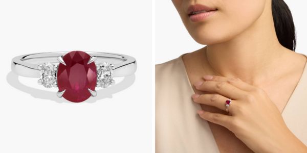 Diamond And Oval Ruby 3 Stone Ring in Platinum