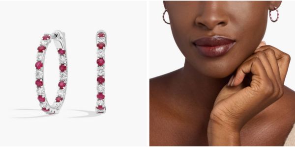 Round Ruby and Diamond Hoop Earrings in 14K White Gold