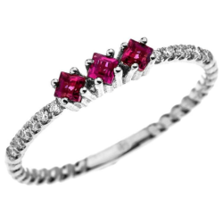 14k White Gold Three Stone Princess Cut Ruby and Diamond Dainty Rope Design Ring