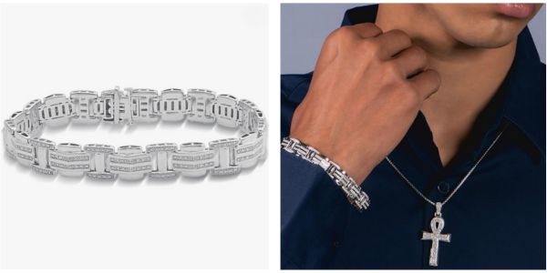 Men's Sterling Silver or Yellow Gold over Sterling Silver Link Bracelet with Round Diamonds