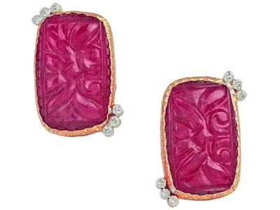 18K Textured Yellow Gold Earrings Set With Rare Matched Hand Carved Natural Ruby Gemstone 20.74 Carats