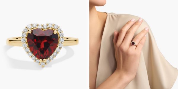 Heart Shaped Garnet and Diamond Halo Ring in 14k Yellow Gold