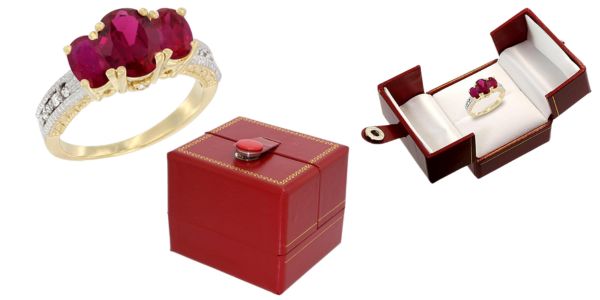 14K Yellow Gold Diamond And Enhanced Genuine Oval Ruby 3 Stone Ring