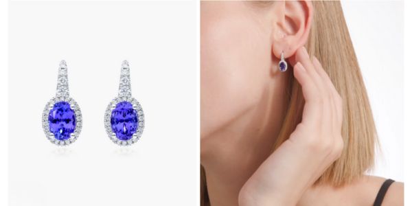 14K White Gold Drop Oval Halo Tanzanite and Diamond Earrings (7x5mm)