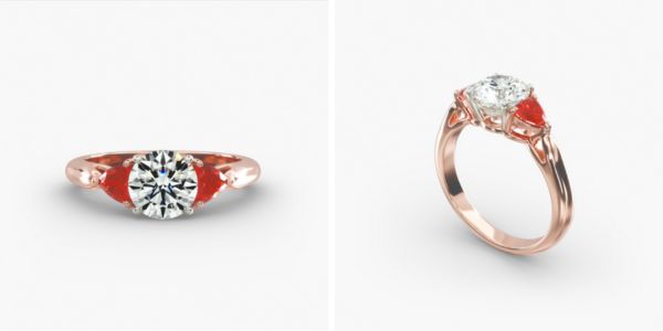 14K Rose Gold Three Stone Trillion Shaped Ruby Engagement Ring